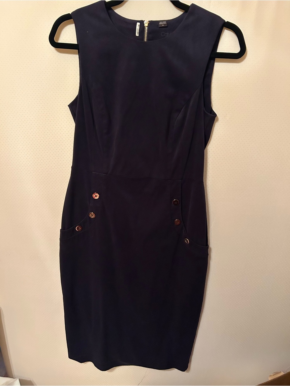 Calvin Klein Navy Sleeveless Midi Suede Dress with Button Accents